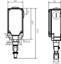 SLF-B-I，雙向拉繩開關使用與安裝：開關平衡地按在機架的固定支架上；將鋼絲繩系在兩端的拉環上，沒側繩不超過30M（有坡度時因當縮）：拉繩壓力應適宜，以確保開關可靠復位：拉繩沿膠帶平行方向設置，每3M加以吊環；鋼絲繩按用戶所需規格，廠方訂購。雙向拉繩開關接線方式：雙向拉繩開關出廠時已配長度1.0米電纜線，接線方式參照標牌所標顏色。，SLF-B-II拉線開關_拉線開關膠帶機保護拉繩開關